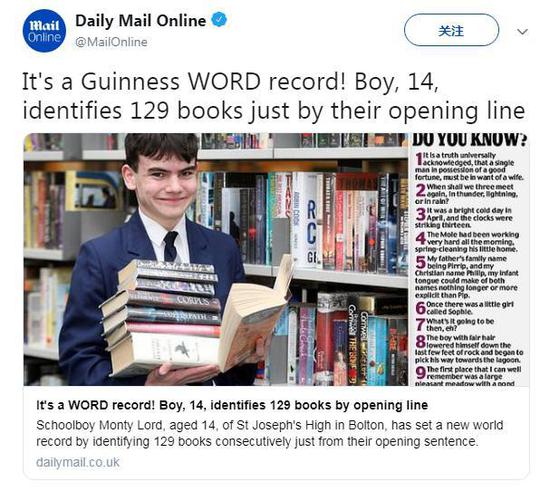 英国14岁少年凭书本第一句话认出129本名著