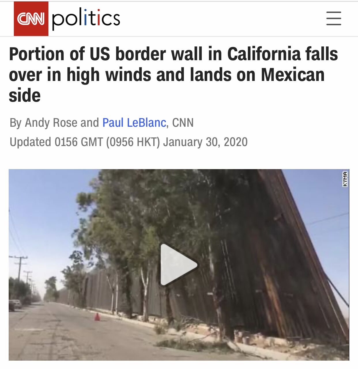 美墨部分边境墙遭大风吹垮 墨西哥的树“立功”了