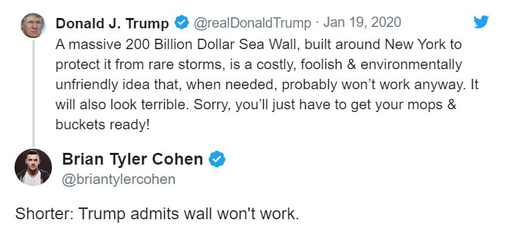 特朗普批纽约“防波堤”引群嘲:他承认造墙不管用