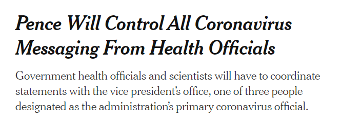 美国副总统彭斯受命指挥抗疫 要求专家统一口径