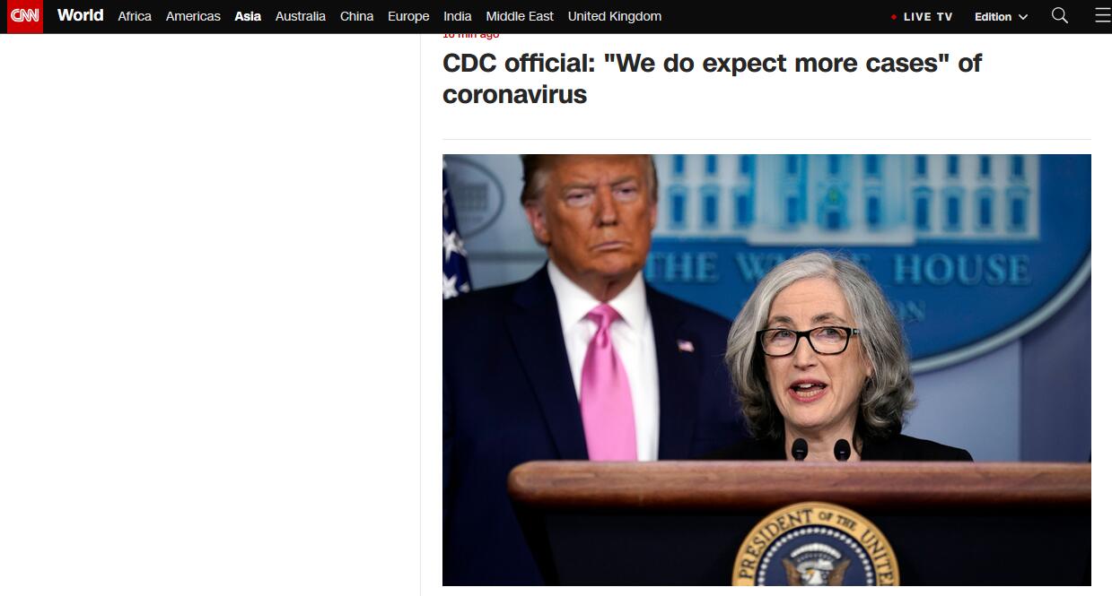 美疾控中心官员:预计美国将出现更多新冠肺炎病例