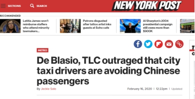 纽约载客司机担心感染拒拉中国乘客 市长怒了