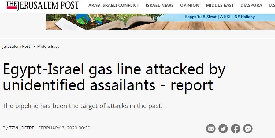 外媒：以色列向埃及输气管道遭武装分子爆炸袭击