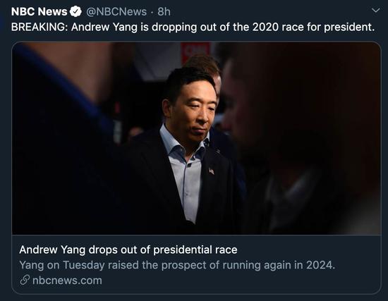 华裔参选人杨安泽退出美国大选 但这并非结束