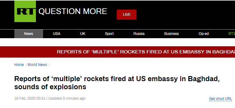 俄媒：美驻伊大使馆遭火箭弹袭击 绿区传出爆炸声