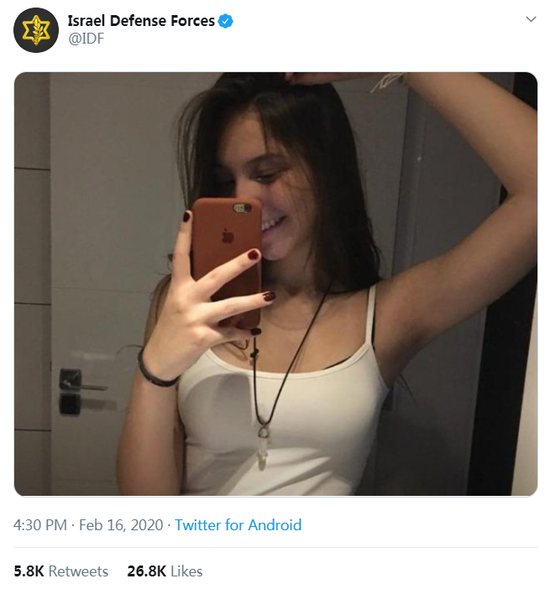 以色列军方推特突然晒出美女自拍照 回应让人吃惊