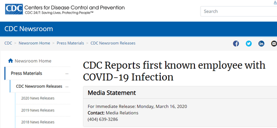 美国疾控中心“中招” 出现第一例新冠病毒感染者