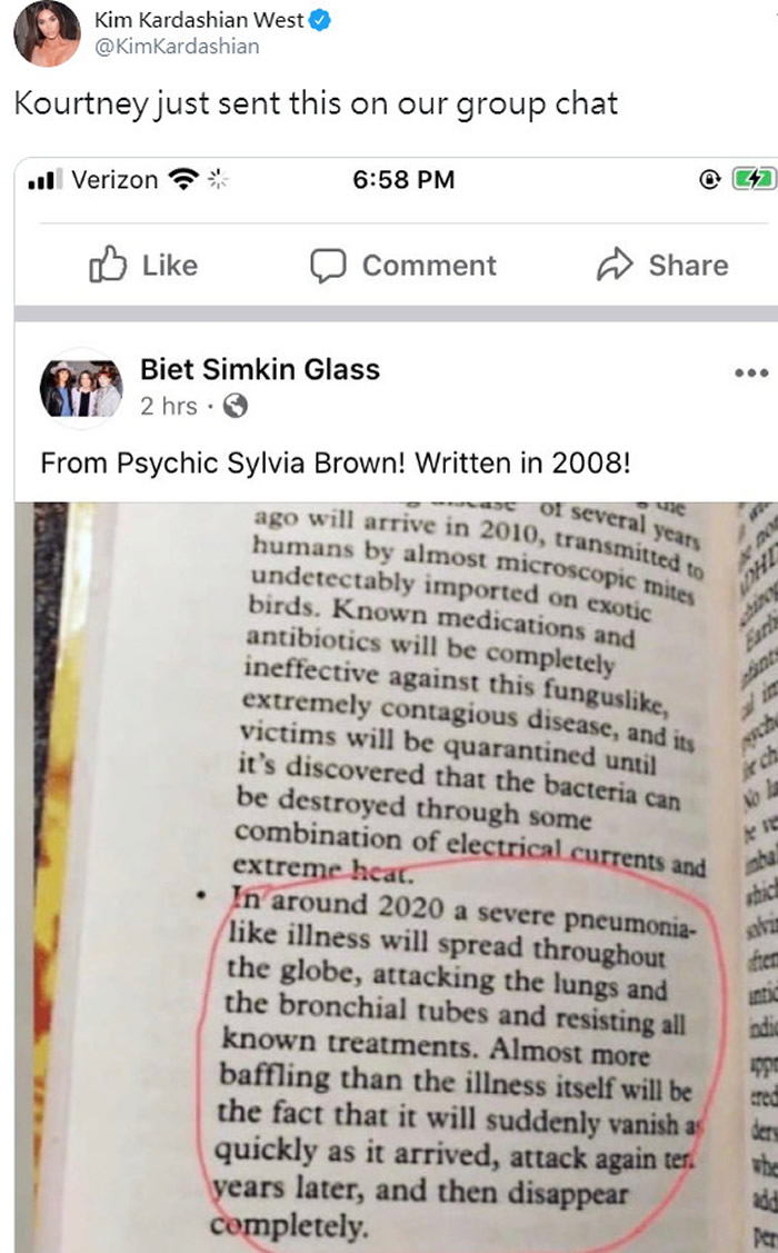 美国名媛金卡戴珊PO出灵媒Sylvia Brown在2008年预言2020将会爆发致命肺炎书籍