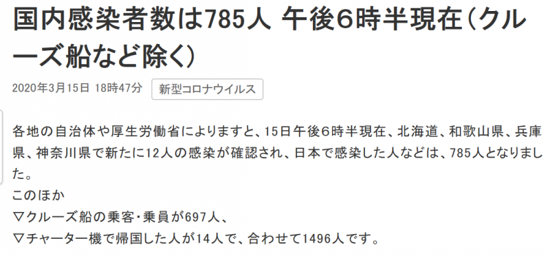 日本国内确诊新冠肺炎病例785例