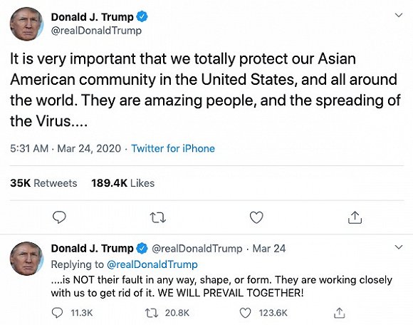 特朗普改口不提“中国病毒”，承诺保护亚裔群体