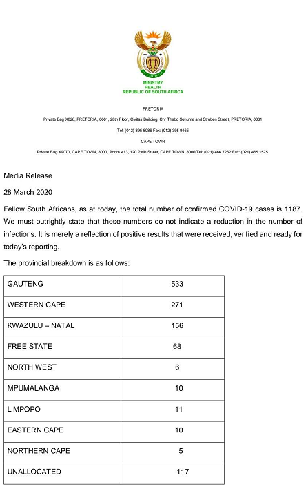 南非新冠肺炎患者累计达1187人