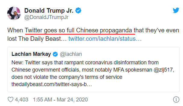 推特拒绝封杀中国官员账号和网帖，特朗普儿子暴怒