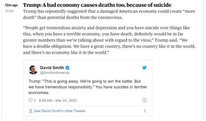 特朗普:美经济糟糕导致死亡人数会比因病毒死亡多
