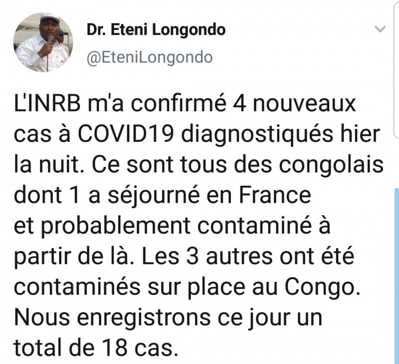 刚果(金)新增4例新冠肺炎确诊病例 累计确诊18例
