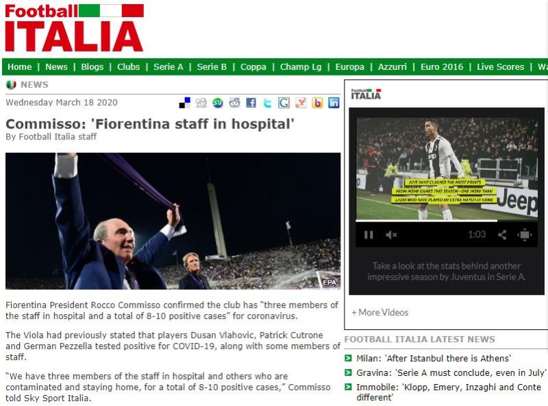 佛罗伦萨足球俱乐部8至10人感染新冠病毒 3人入院