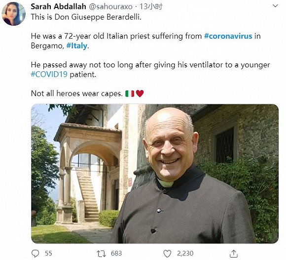 意大利新增死亡病例反弹，72岁牧师让出呼吸机后逝世