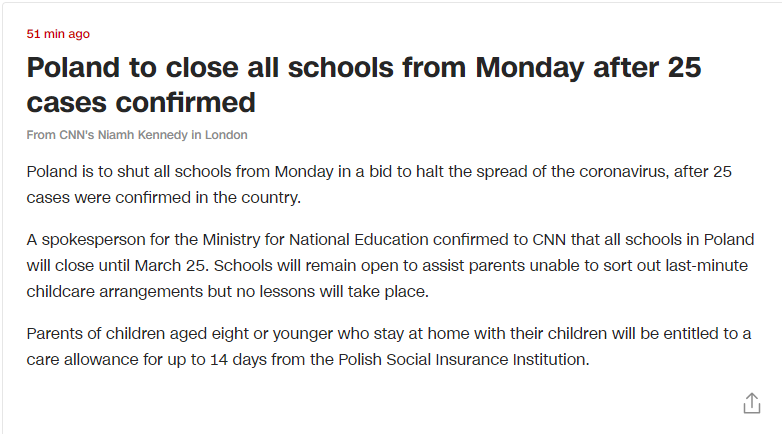 波兰宣布下周一起将全国“停学”，直至3月25日