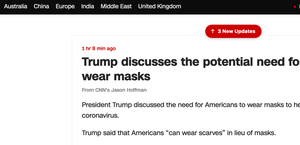 特朗普呼吁美国人别和医院“抢口罩”：可以戴围巾缩略图
