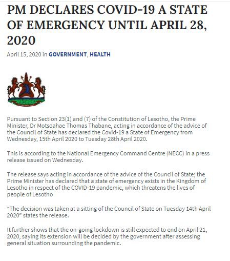 莱索托宣布进入国家紧急状态