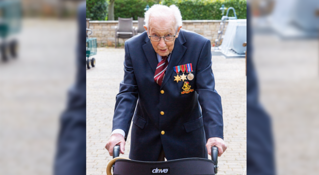 英国99岁老兵在花园里走80圈 为抗疫筹得200万镑善款
