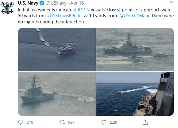 美军指责伊朗舰艇“危险接近”：最近不到9米