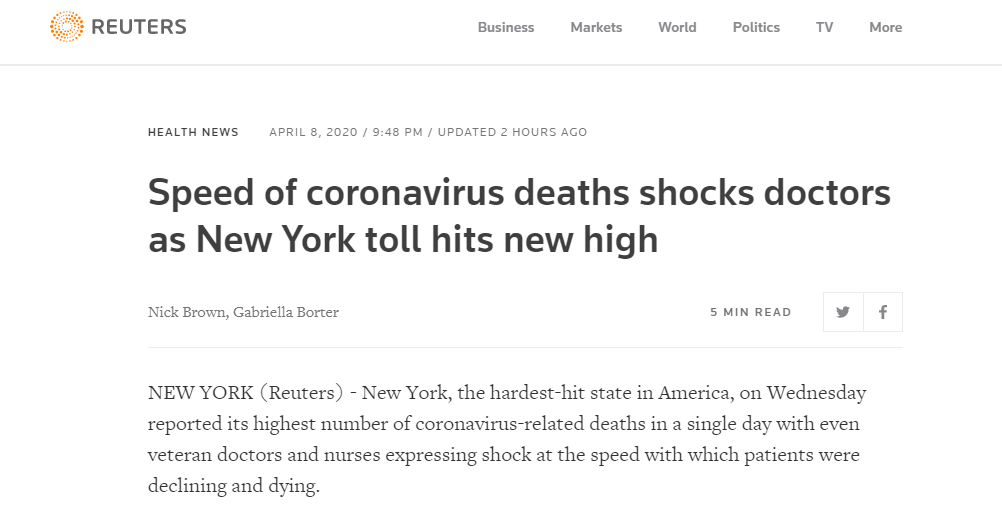 纽约州单日死亡779人！超过此前一天刚刚刷新的记录