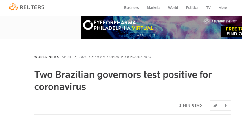外媒：巴西两州长新冠病毒检测结果呈阳性