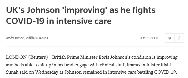 英国首相约翰逊病情好转 已可以从床上坐起