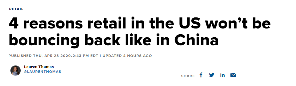 美国零售业无法像中国一样反弹，美媒列举四大原因