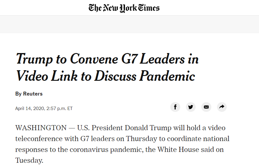 白宫：特朗普将与G7领导人开视频会，讨论疫情应对