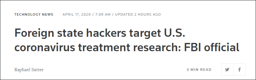 FBI：美国新冠研究机构遭“外国黑客”入侵