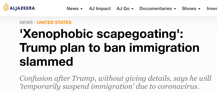 特朗普宣布将暂停移民入境 外媒:移民又成“替罪羊”